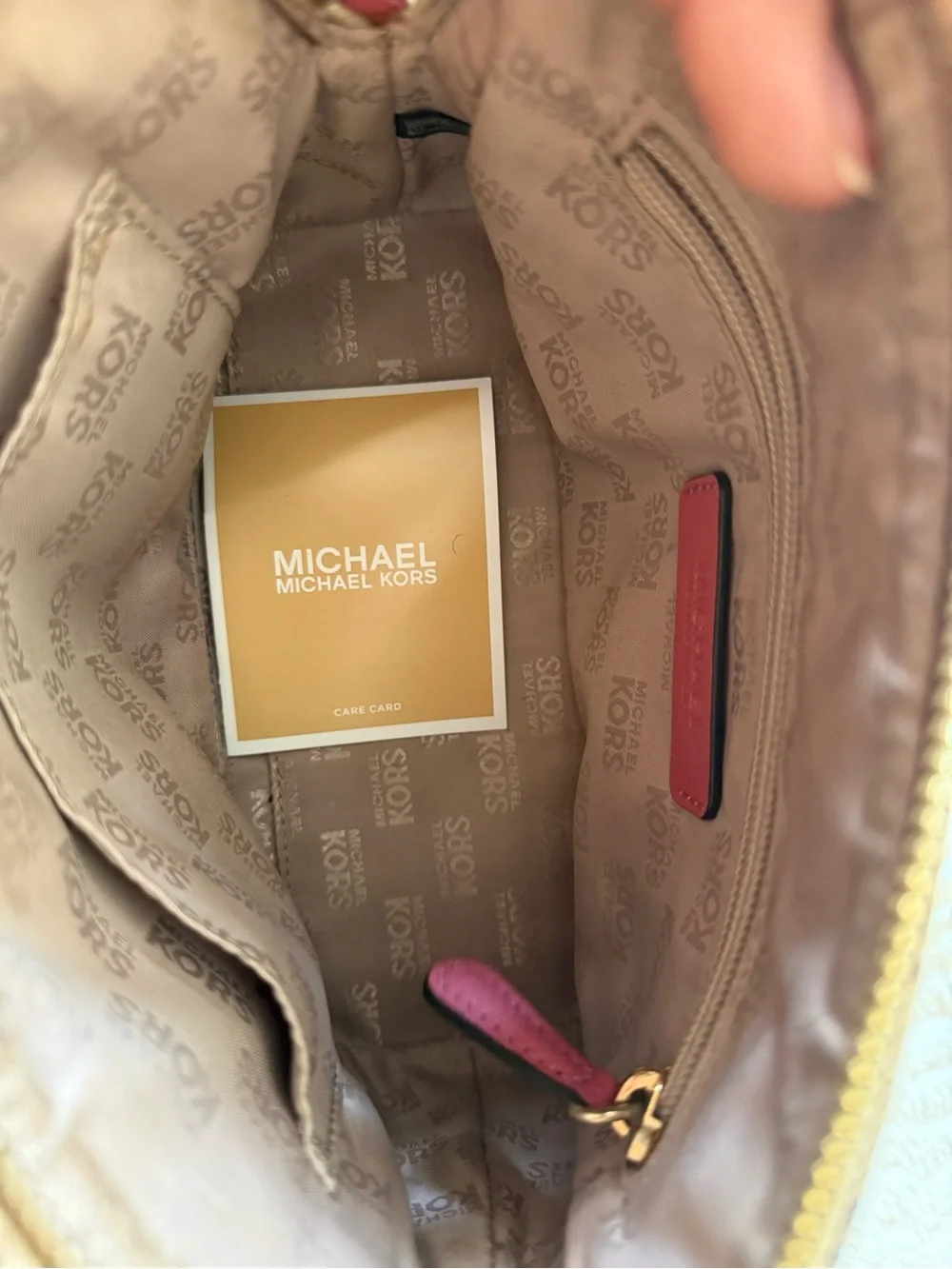 Michael Kors Beige Brown Logo Crossbody with Pink Strap